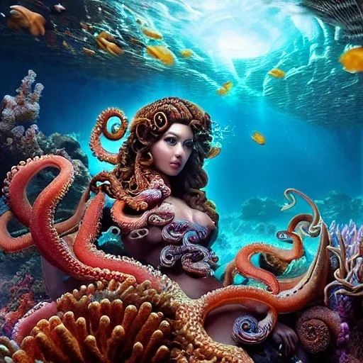 high-quality, fine-detail portrait of gorgeous, stunning goddess with octopus as hair, coral reef exoskeleton, underwater, 8k resolution, 3D octane render, intricate, digital art, detailed matte, volumetric lighting, George Grie, Anne Dittman, Anne Stokes, Lisa Parker, Selina French,