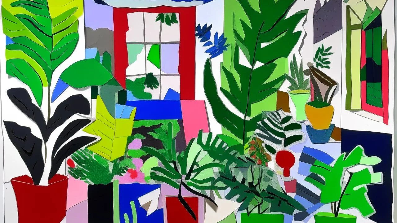 An abstract paper collage by Matisse of a room full of plants.