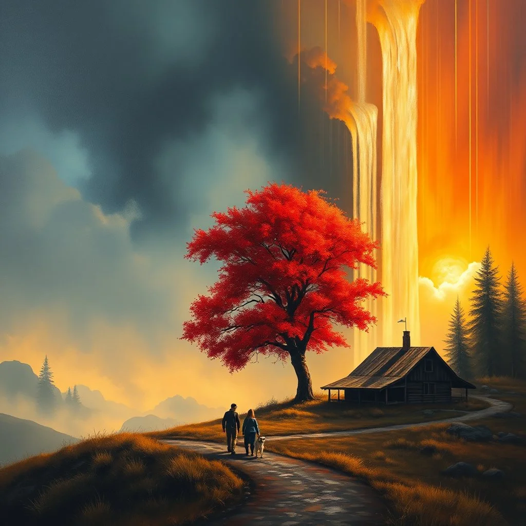 A cinematic atmospheric oil painting landscape dramatically split between cool misty blue-gray tones on the left and warm golden-orange sunset hues on the right. A vibrant red tree blazes like flames against the dramatic sky on the right side. Cascading vertical color streaks create a surreal waterfall effect throughout the composition. Two human figures a man and a woman and a dog walk intimately side-by-side along a winding path in the foreground. A rustic wooden cabin sits