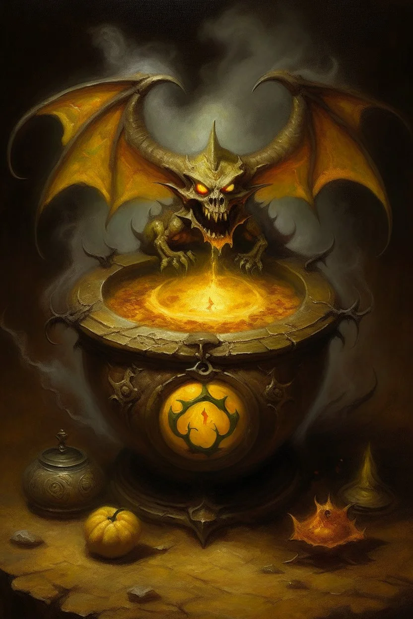 Living cauldron with yellow sigil, slightly demonic golem bat in it, prize winning oil painting