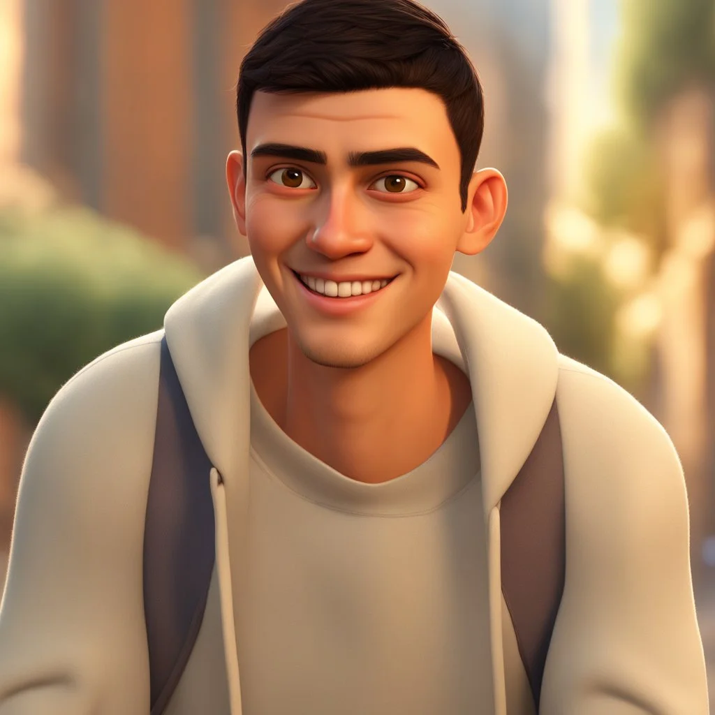 a portrait of smiling young Spanish man. caricature. black hair. short buzz cut hair style. light skin. dark eye pupils. small eyes. black thick eyebrow. small round face shape. a bit small goatee, without moustache. white sweater hoodie. pixar style. 3D. 4k. portrait. highly detailed. sharp focus. high resolution. full color. cinema lighting