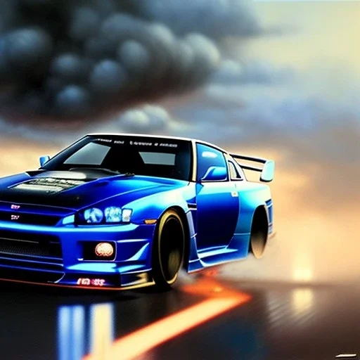 hyperrealism Drawing of 'Dark Blue Nissan Skyline GTR r34' three quarter frontal aerial view, by gaston bussiere, greg rutkowski, yoji shinkawa, yoshitaka amano, tsutomu nihei, donato giancola, tim hildebrandt,oil on canvas, cinematic composition,Sharp detail,extreme detail,fit full head inside picture,16k