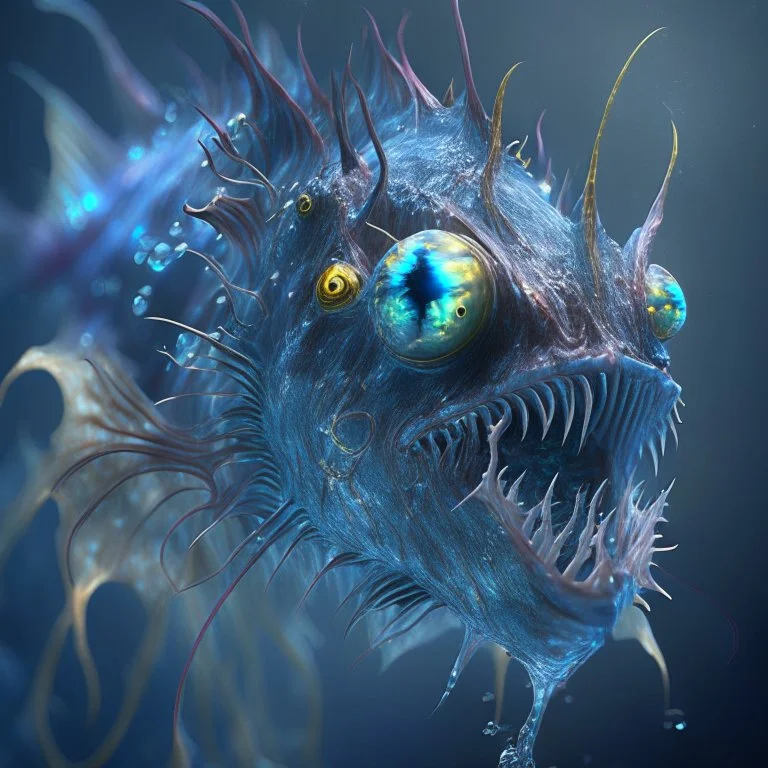 fluid ink angler fish creature, unreal engine 5, 8k resolution, photorealistic, ultra detailed