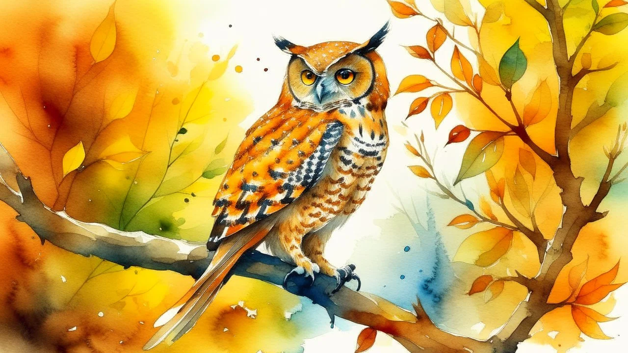 watercolor painting of an owl sitting on a branch