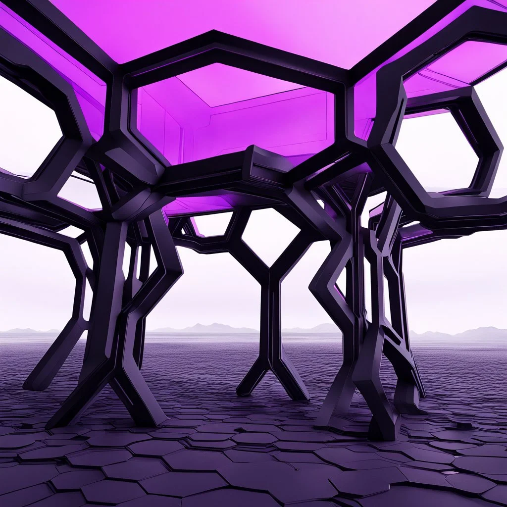 a large dark black 3D hexagon structure with a neon purple outline floating high above a desolate monochrome landscape