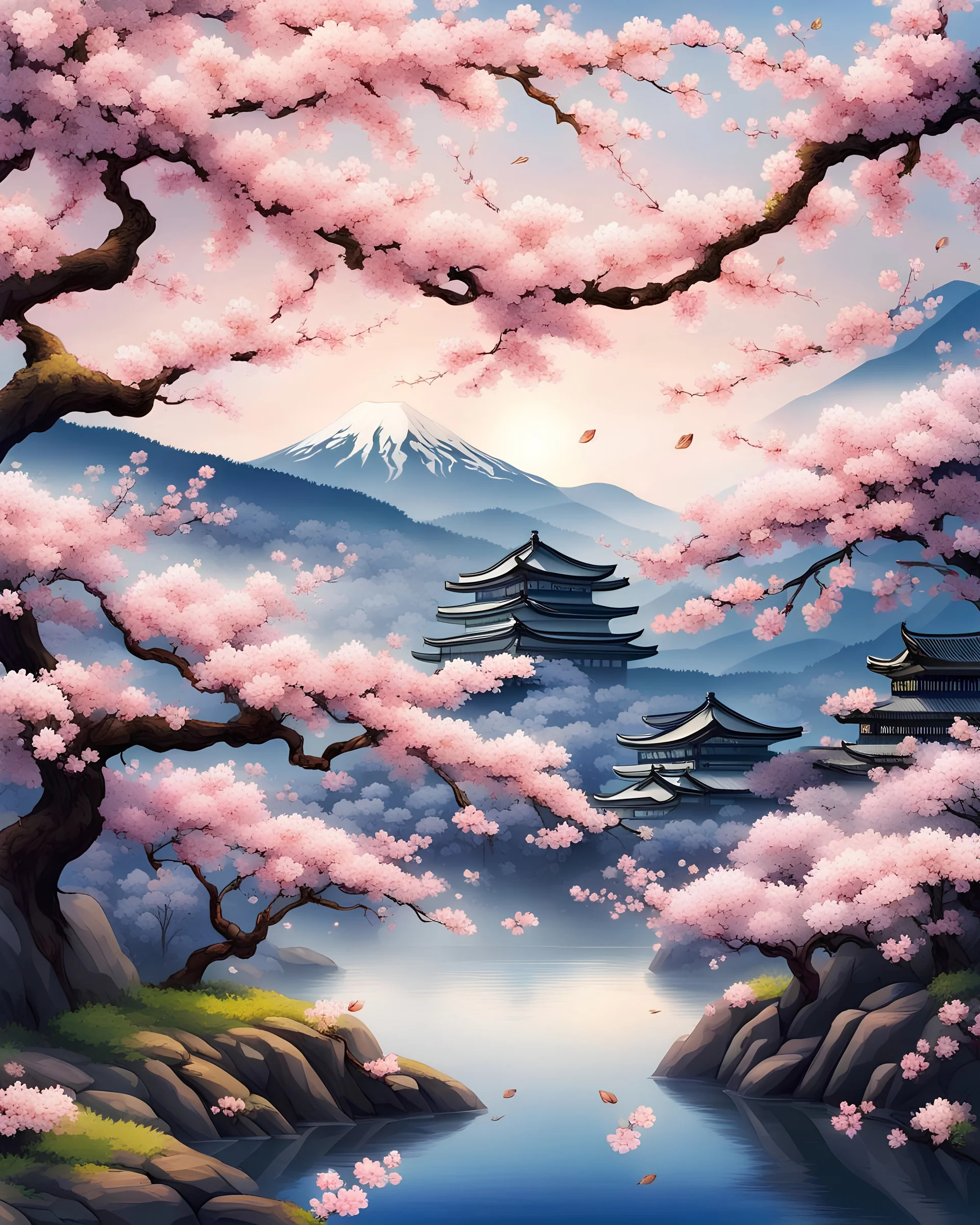 cherry blossoms, large japanese landscapes, japanese photographic style. elegant, beautiful, intricate, fantastic scenery, ultra-detailed, photographic style, oil patchwork, high resolution, crisp quality