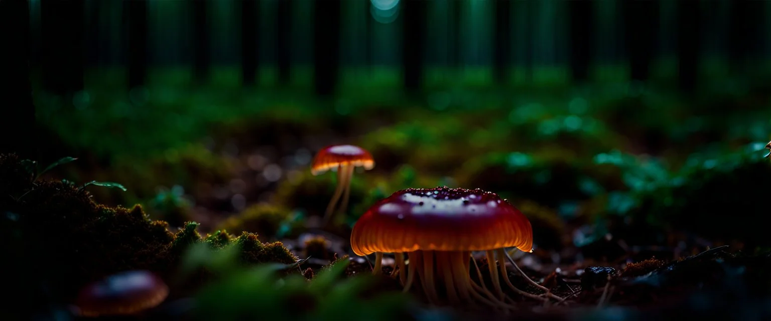 JellyFish Fungus, fungal, forest, Alberta, scientist, Dystopian, Hyper detailed, Realistic, Extreme depth of field, bokeh blur, Alberta all-natural, in the style of candid, imperfection, natural lighting, cinematic, Fuji Film, Anamorphic lens, 2040s, --ar 4:5 --w 150 --style raw