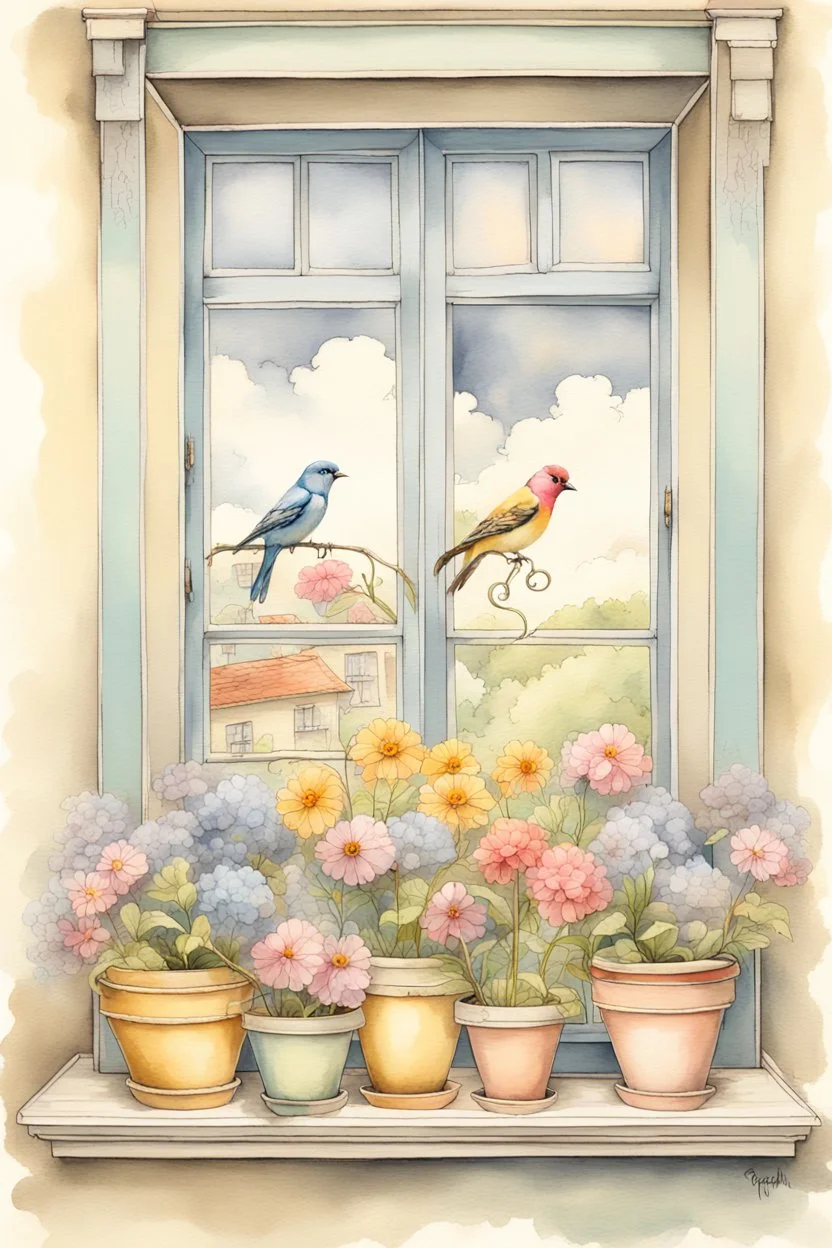 Shabby chic window with flowerpots and bouquets filled with beautiful flowers.full sunlight, stormy clouds, bird, watercolour and ink, stained glass Modifiers: elegant intricate beautiful fantastic view crisp quality colourful Jean-Baptiste Monge pastel colors full view