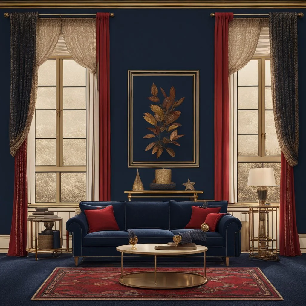 Living room in midnight blue, red and gold. large window with curtains