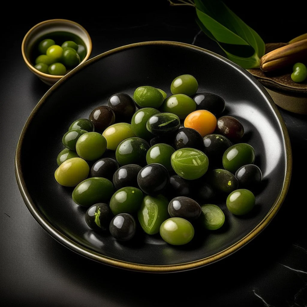 A plate of black olives and a plate of green olives?