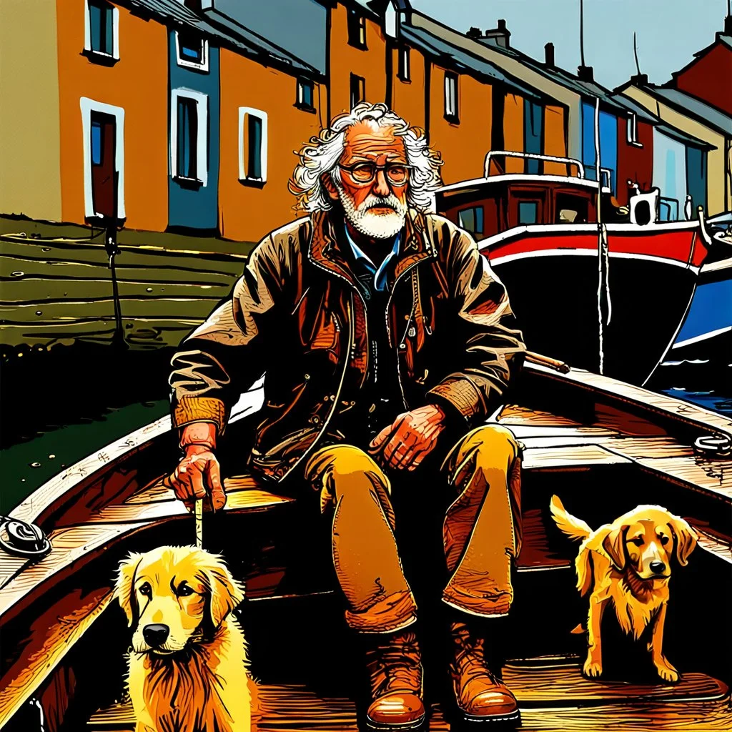 An old fisherman wearing waterproof trousers, round spectacles, a ragged brown leather jacket, wearing black rubber boots sits in a wooden boat sailing from the boat dock in a small fishing harbor towards the sea, next to him sits a golden retriever dog in the boat, it is raining, reflections of splashing oil paint Old houses in dull background colors of a port town in the Faroe Islands. Textured pictorial fantasy is artistic. Oil paint splattered intuitively. Very dull colors.