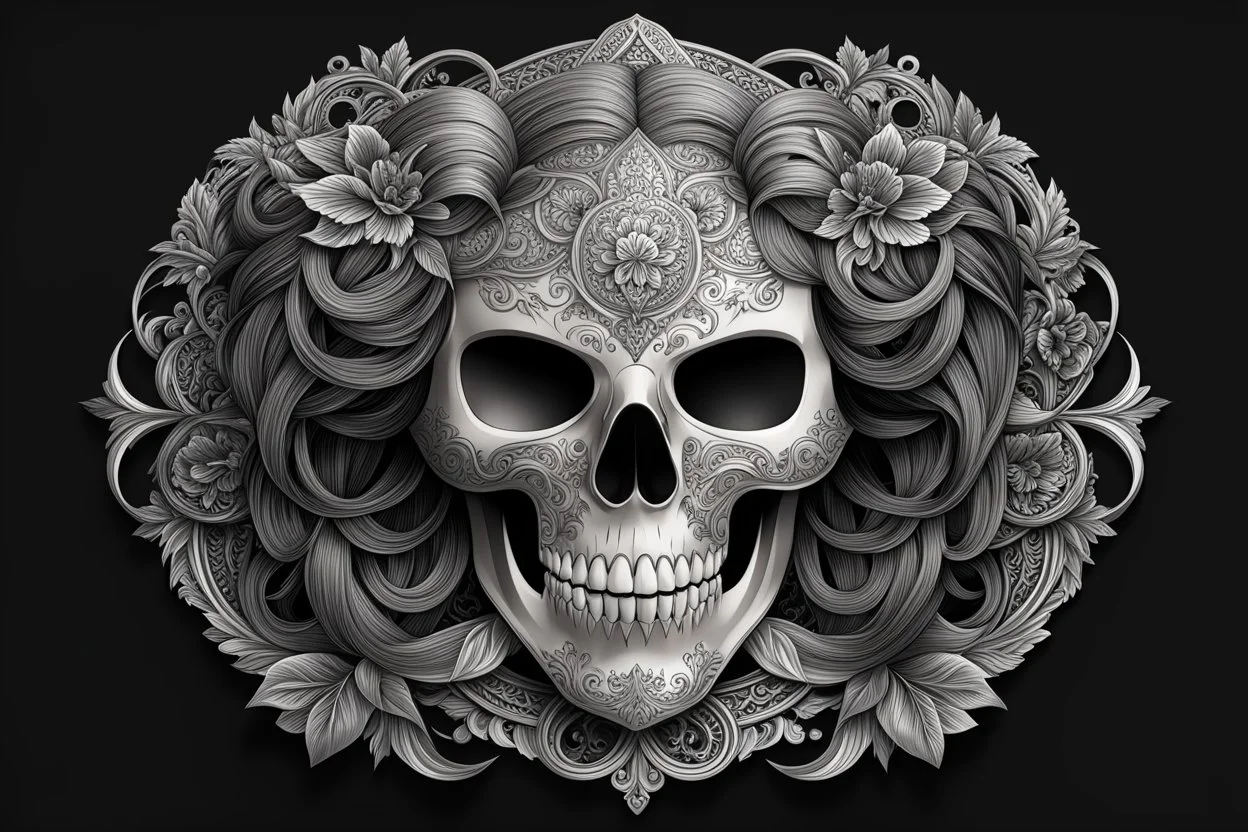 Logo skull, hair , scissors, mask, cover face in 8k tattoo artist dynamic pose, oshare kei, hurufiyya, rtx, intricate details, highly detailed, high details, detailed portrait, masterpiece,ultra detailed, ultra quality