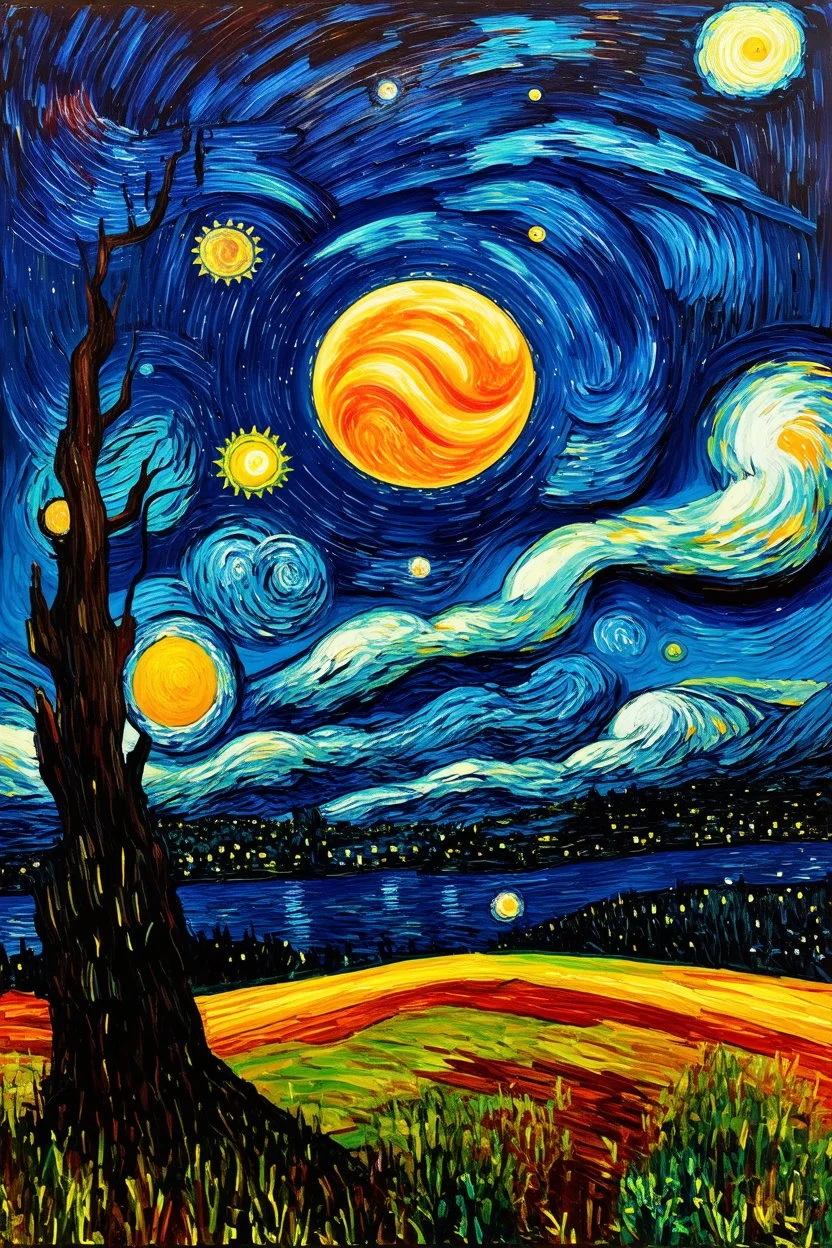 saturn eclipsed by the moon in a meteor shower; in the style of Van Gogh