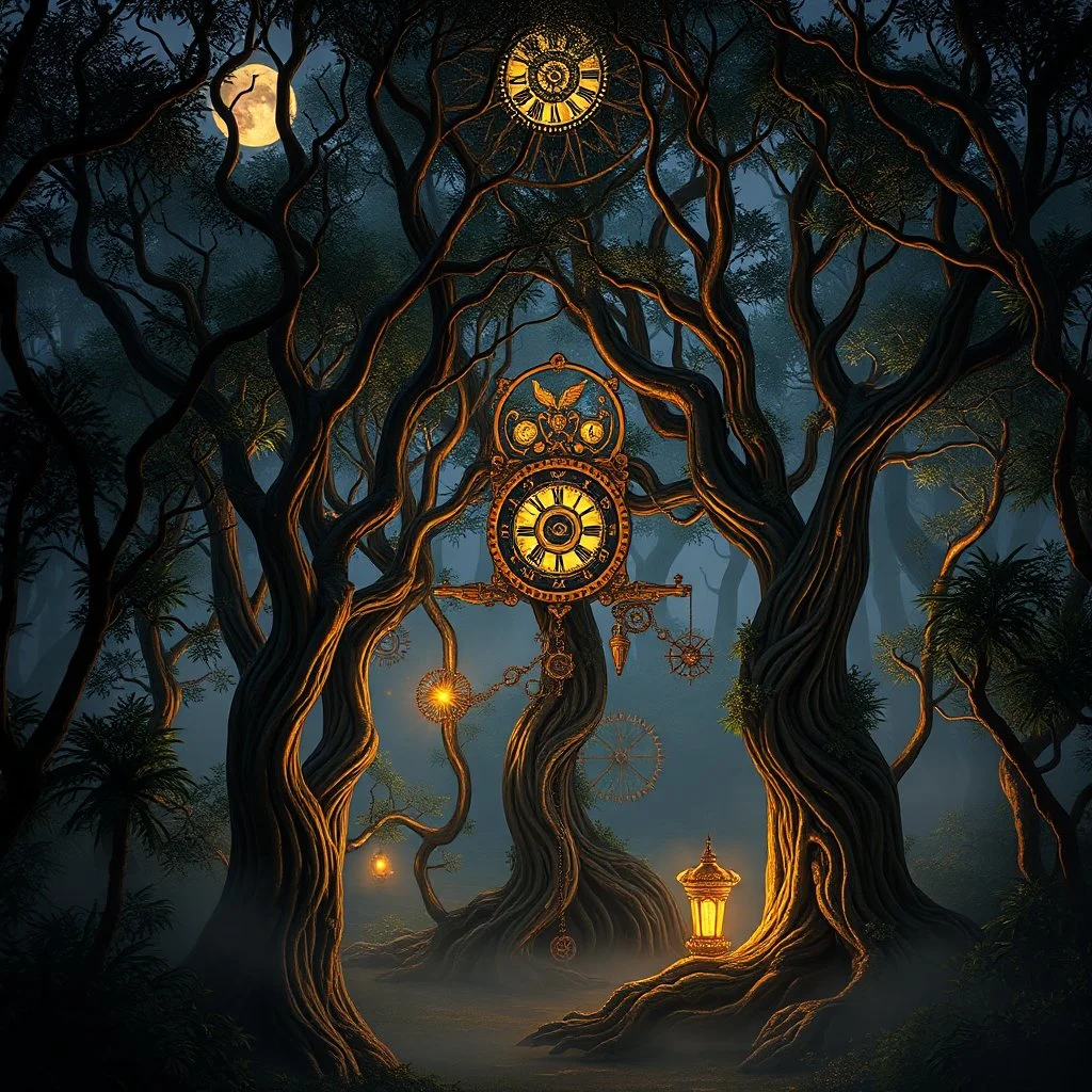 A clockwork forest bathed in twilight, where brass trees tick with gears. A biomechanical sanctuary inspired by Ix Chel, blending Mayan motifs with steampunk elegance. Lush, mystical, and intricately detailed. shrouded in mist, moonlit glow, shadowed corners