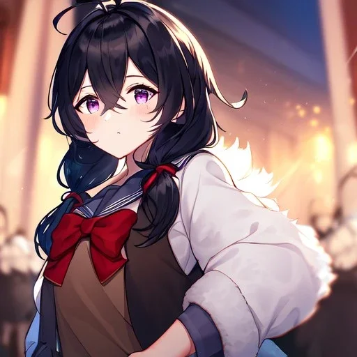 Clear focus, High resolution, rough line, long black hair, hair between eyes, fluffy hair, purple eyes, wearing a sailor uniform, wearing a brown vest, long locks, 1girl, red bow, fluffy bangs, ahoge, teenager age and look, mature