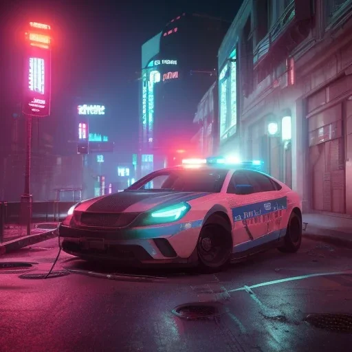 Cyberpunk,police car at night unreal engine 5, octane render,cinema4d, dynamic lighting, 8k, redshift render, highly, hyperrealism ultra realistic, hyper realistic.