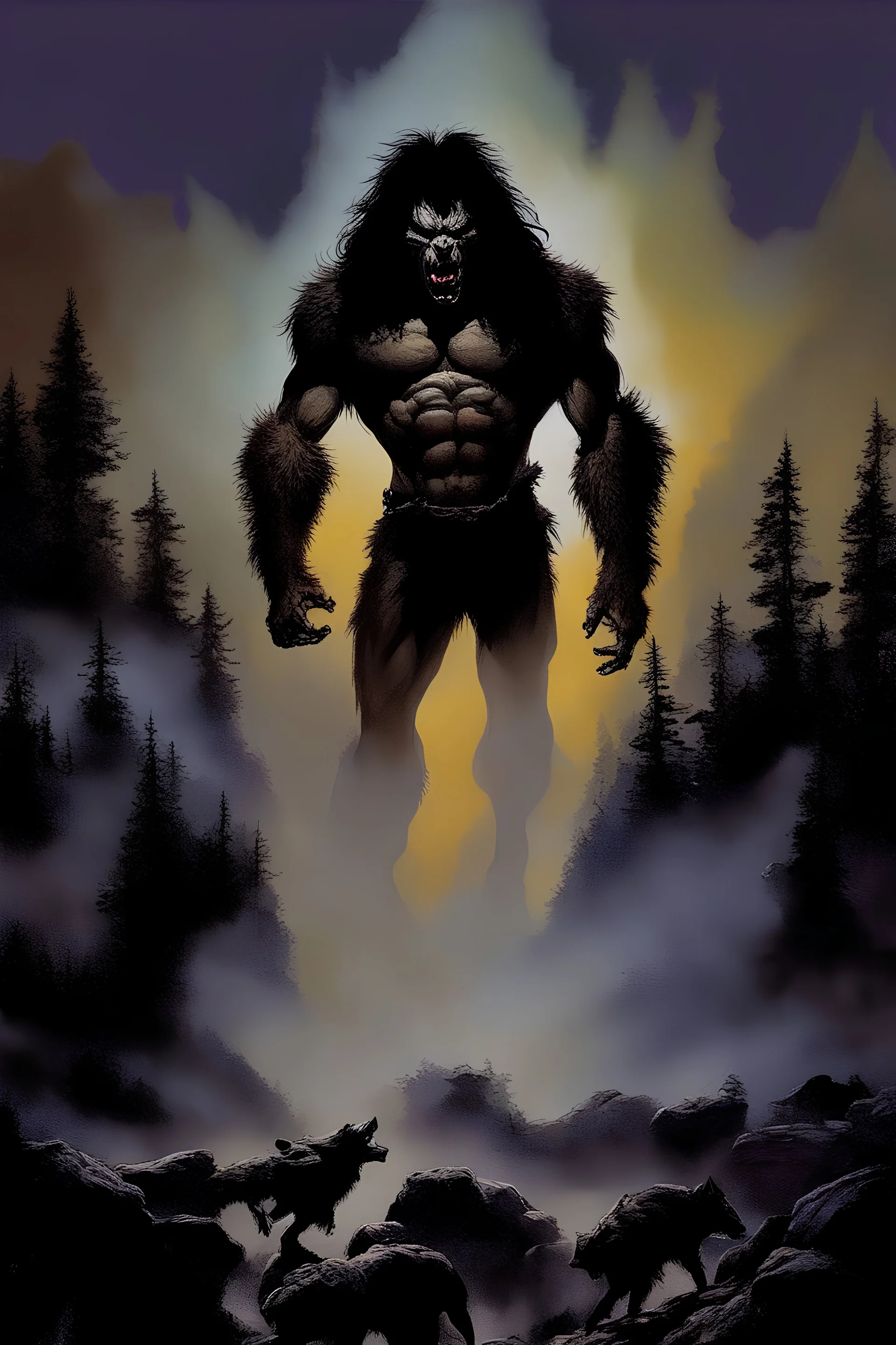 "Double Exposure" {{{{paul stanley full color oil painting art by Alex Ross, fog and clouds rising in the foreground}}}}. {{{{A giant werewolf roaming the woods at night, oil painting art by frank frazetta}}}}