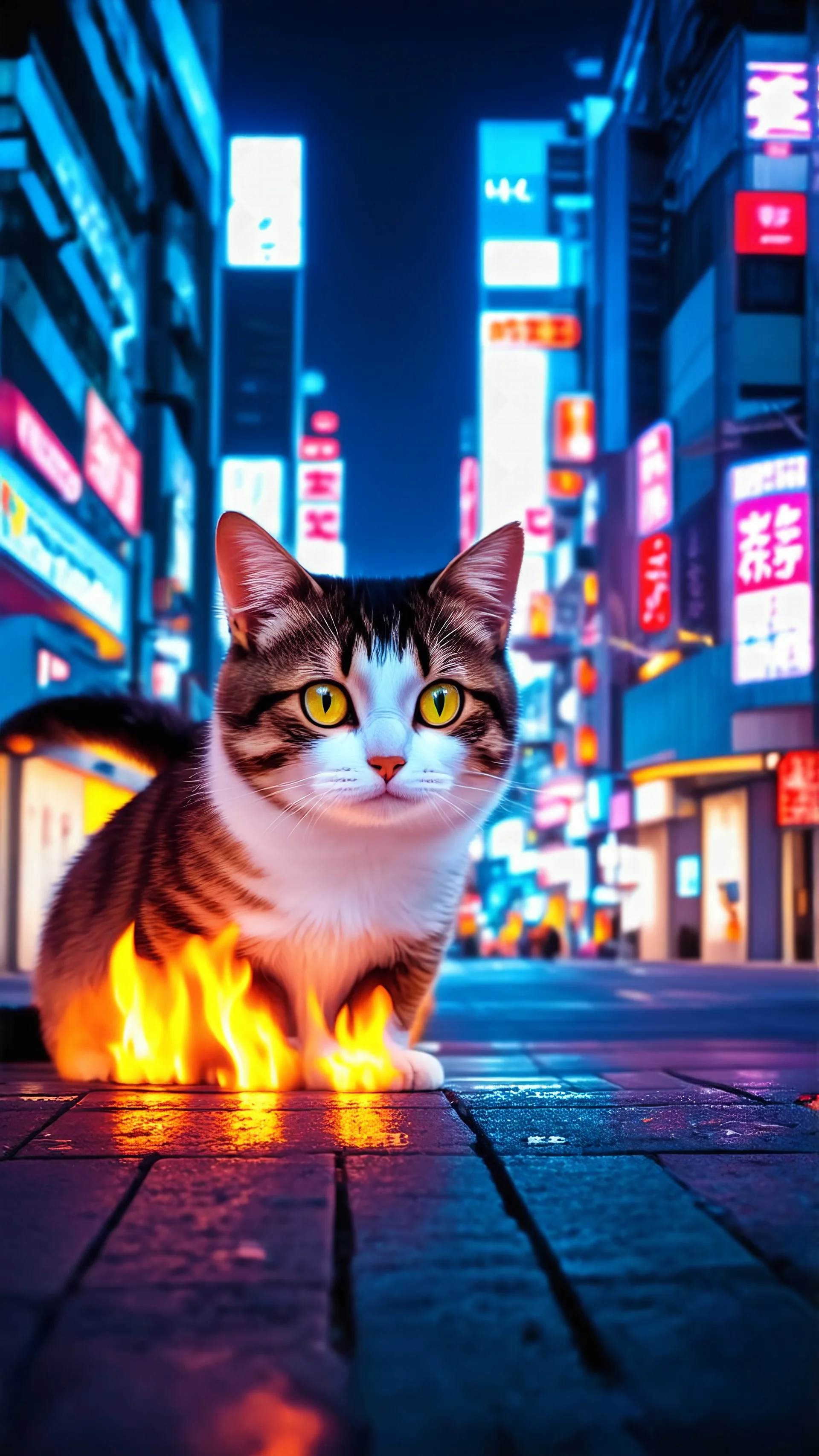 Cats hair flame , Lazer eye , Tokyo city night view wallpaper