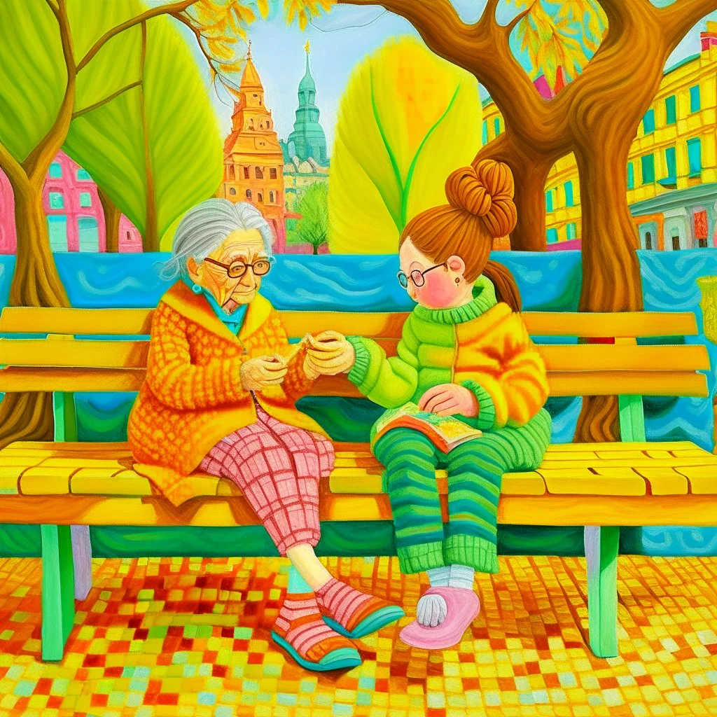 A whimsical painting of an 80-year-old grandmother knitting a yellow sweater on a bench in the boulevard, while next to her on the bench is a 5-year-old little girl knitting a small pink sweater, the grandmother with wild ginger hair and large green glasses, wearing a cozy mustard sweater and striped yellow tights. She sits on a bright yellow green bench, intently focused on her knitting needles and yarn. From around on the bench and on the floor, balls of yarn, a knitting basket and needles sur