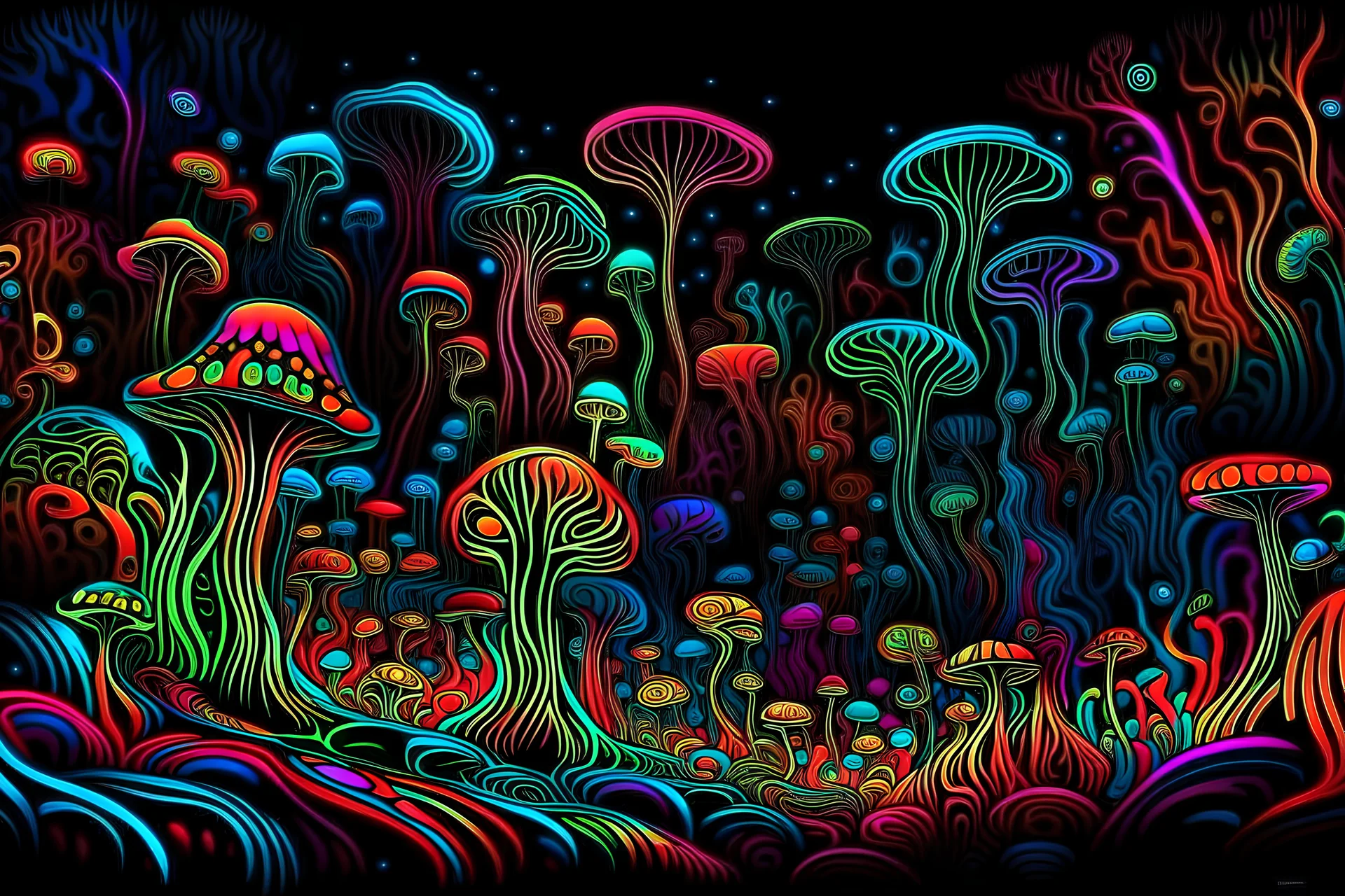 colorful, neon, vortex, lines, psychedelic, trippy, tiny mushrooms, black sky, scary