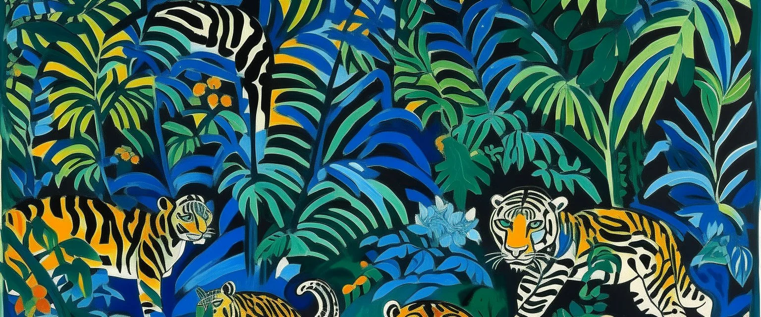 A dark blue jungle with tigers and chameleons painted by Henri Matisse