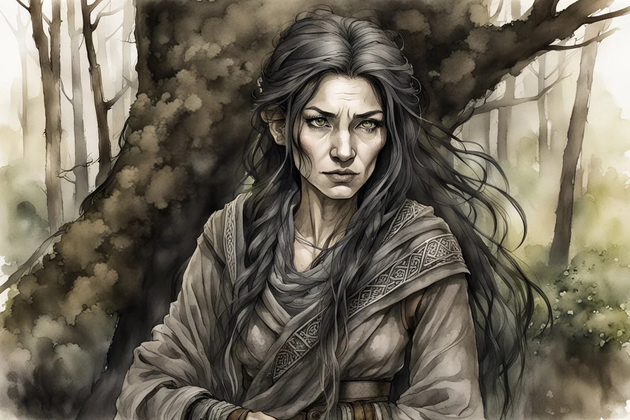 ink wash and watercolor illustration of an ancient grizzled, gnarled female vagabond wanderer, long, black hair streaked with grey, highly detailed facial features, sharp cheekbones. Her eyes are black. She wears weathered roughspun Celtic clothes, emaciated and tall, with pale skin, full body , thigh high leather boots within a forest of massive ancient oak trees in the comic book style of Bill Sienkiewicz and Jean Giraud Moebius , realistic dramatic natural lighting, rich, vibrant earth tones