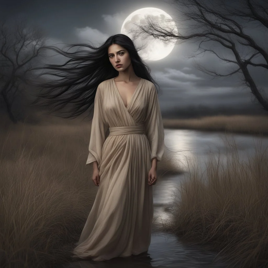 Hyper Realistic Close-up-view of Young-Sad-Pashto Woman with beautiful-black-eyes & long-black-hair wearing beige-dress on riverside & long-grass at full-moon-dark-windy-night-&-Clouds with dry-trees-around & dramatic ambiance