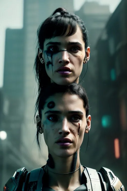 A portrait post-apocalypse cyborg Sofia Boutella in a cyberpunk city, sci-fi fantasy style, 8k, volumetric lighting, particales,highly detailed,cinematic, deep scars on face,deep colours.