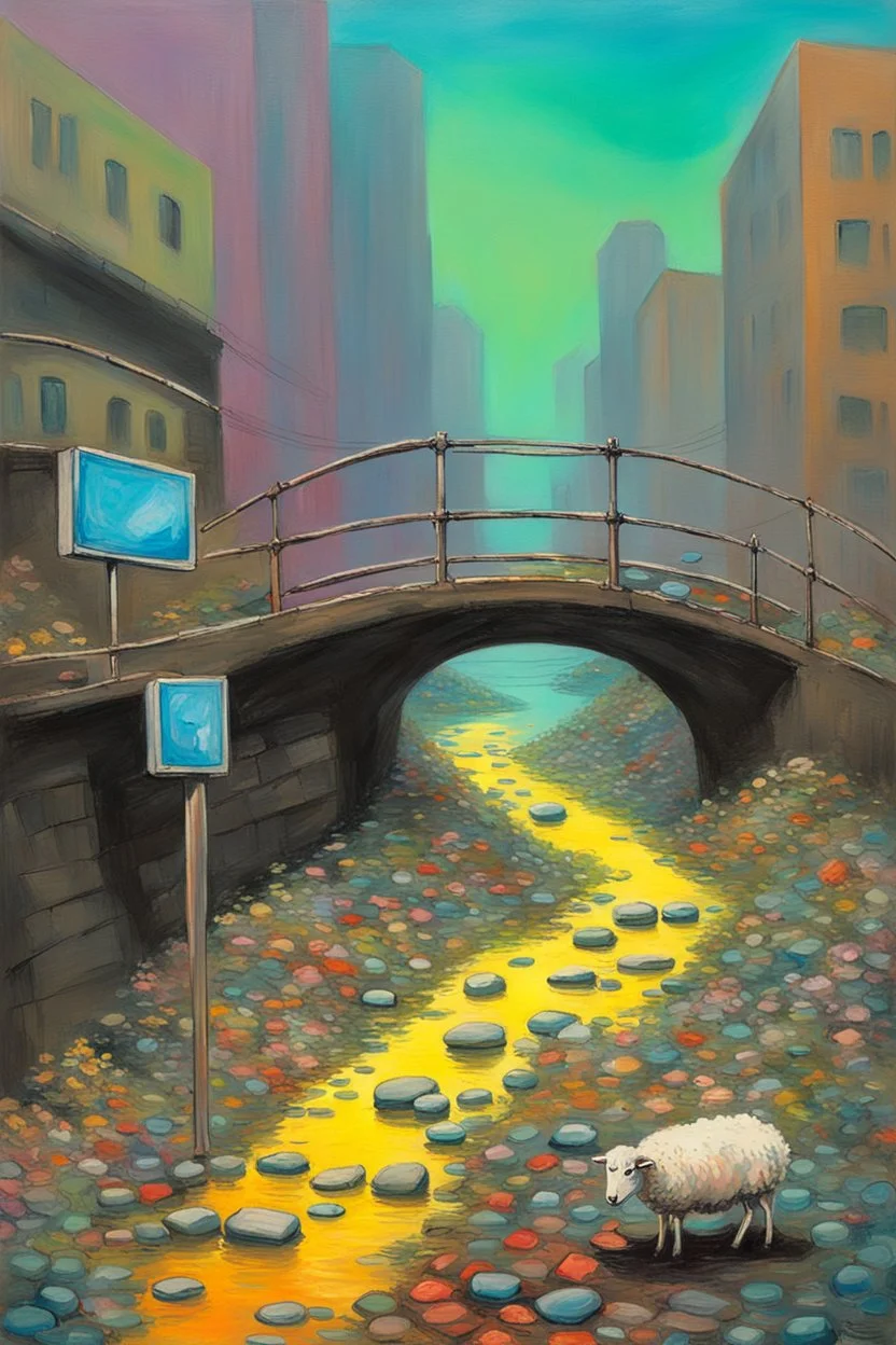 painting of a cyberpunk colourful natural walkway rubbish on the street in the city with pollution and a small bridge by a creek with electric sheep and androids by monet