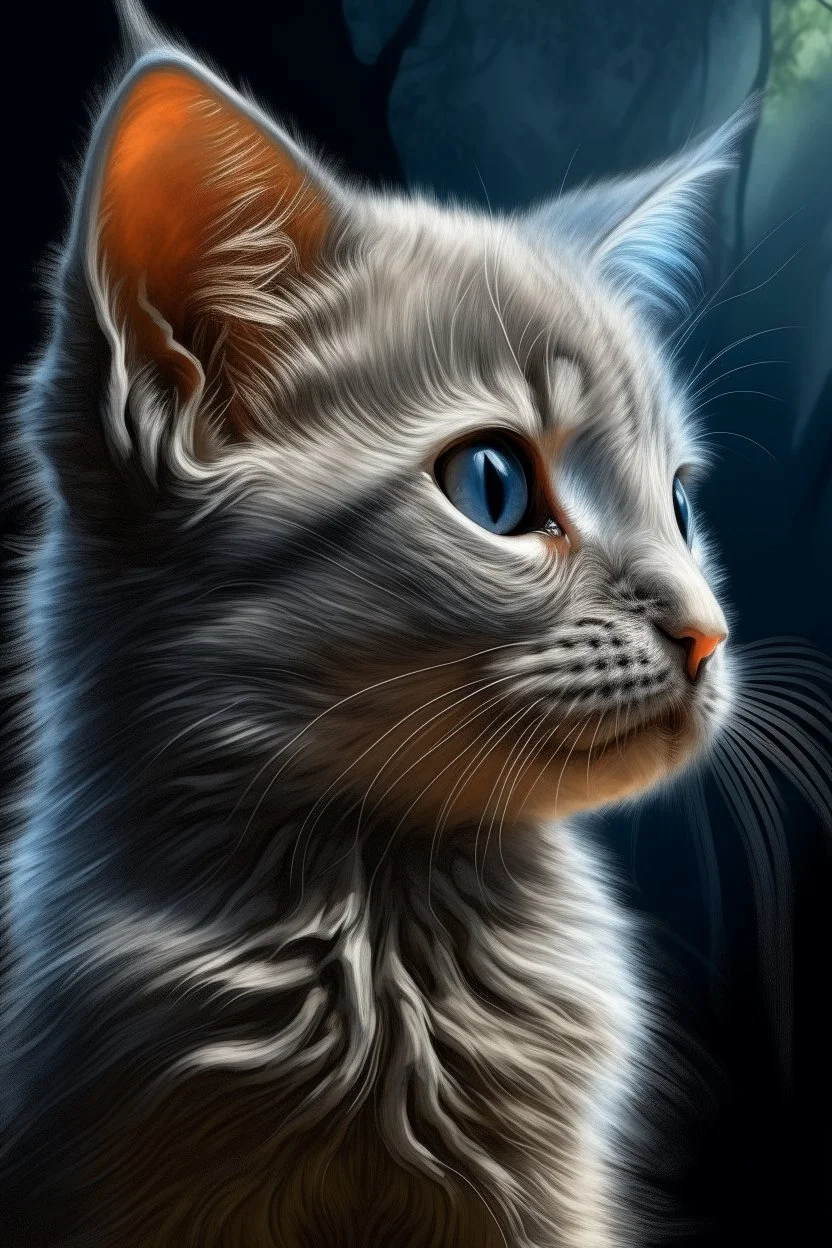 An illustration of grey kitten with bright blue eyes in a style of watercolor, profile view, golden hour, , realistic, high resolution, volumetric, chiaroscuro