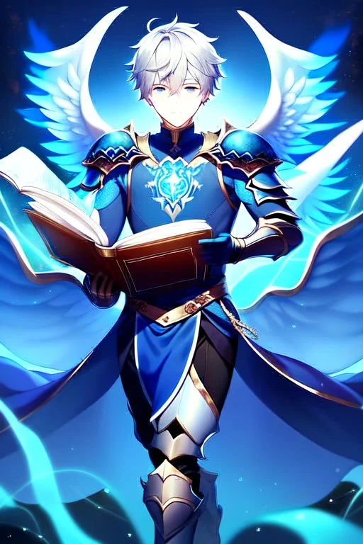 a person in runic armor with blue wings, blue short hair, runic tattoo and spell book, male