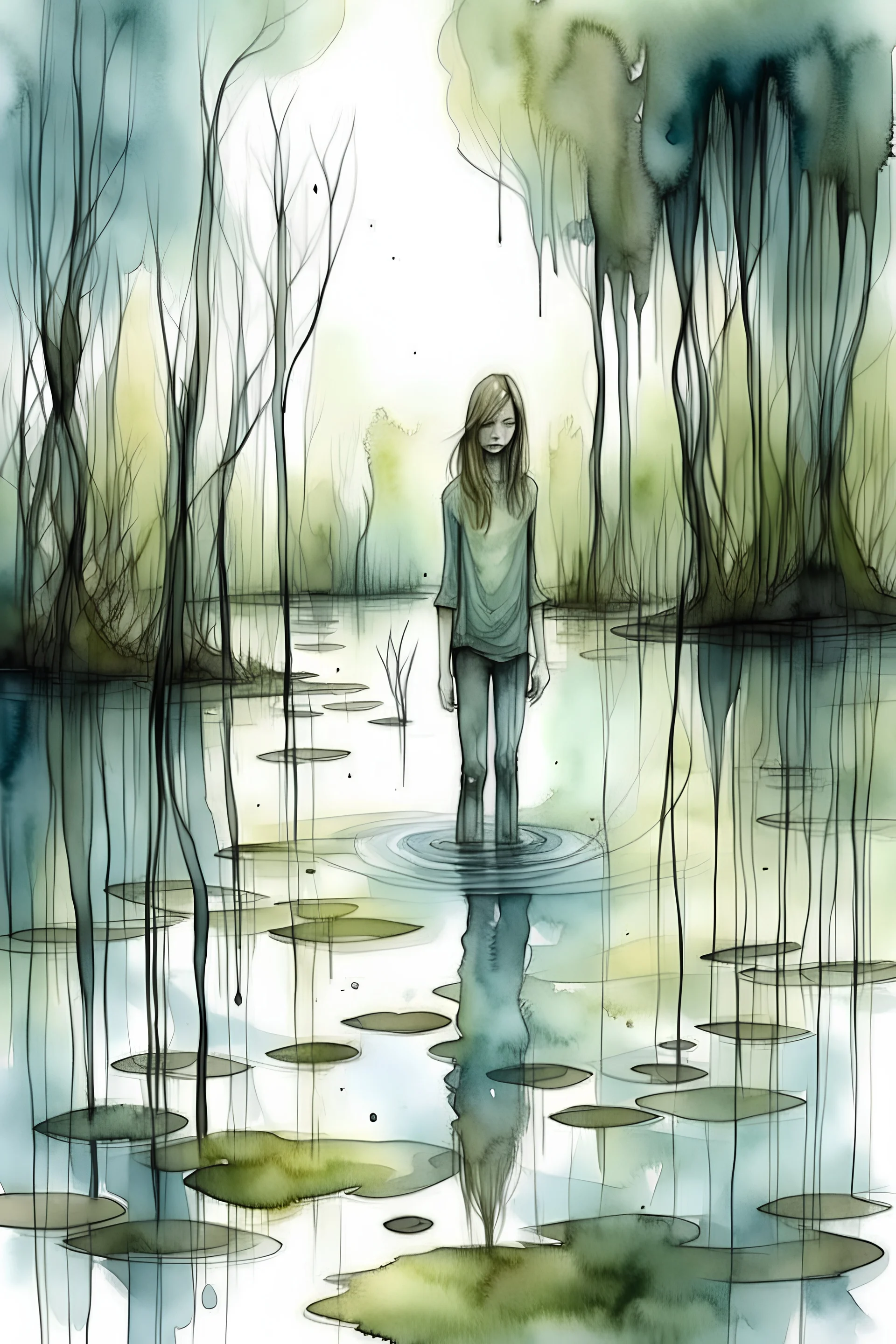 The woman is standing in the swamp. She face is scared. watercolor drawing.