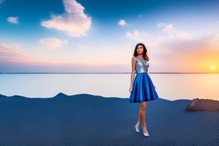 very nice real face beautiful sexy roman with make up at the beach standing pose in a short lace dark blue and silver dress, full body, 3D cloudy sky volumetric nice clouds 8k sharp focus,sunset,golden hour