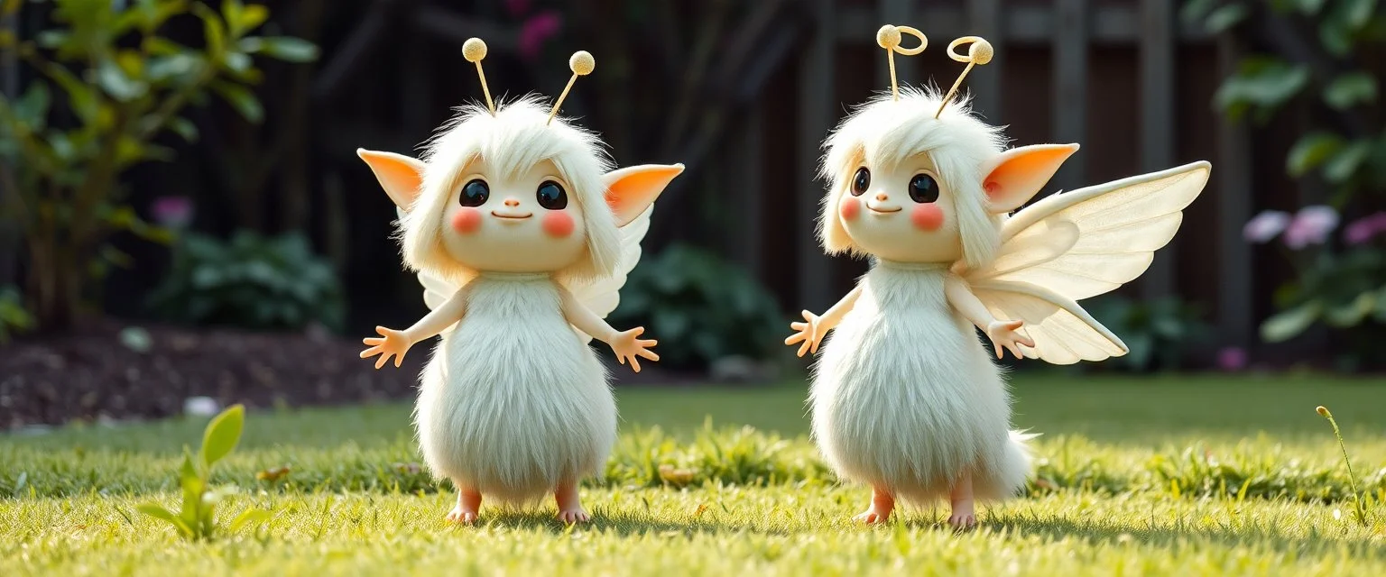 two totally symmetric fluffy angel gremlin slug nice cheerleader in garden doing her thing full body portrait T-pose