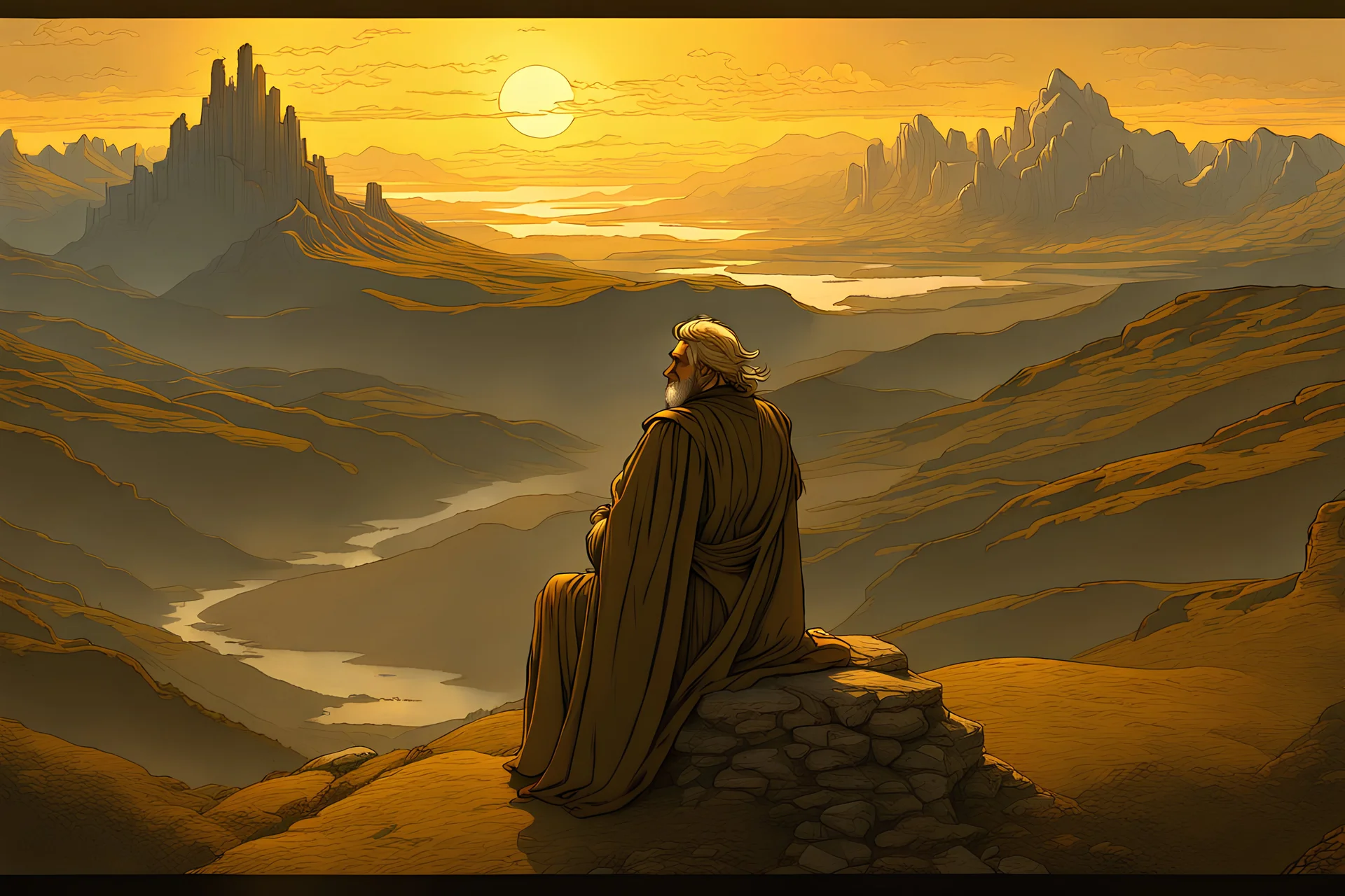 Zarathustra, wise philosopher, rugged mountains, vast landscapes, flowing robes, contemplative expression, sunrise, golden light, mystical aura, ancient wisdom, powerful presence, dramatic atmosphere, hyper-detailed, sharp focus, ultra detailed, historical, by Caspar David Friedrich and Alphonse Mucha, artstation, highly detailed, cinematic lighting