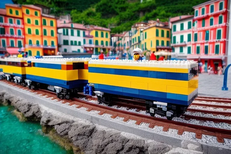 Lego close up Train in lego riomaggiore italy sea town lego