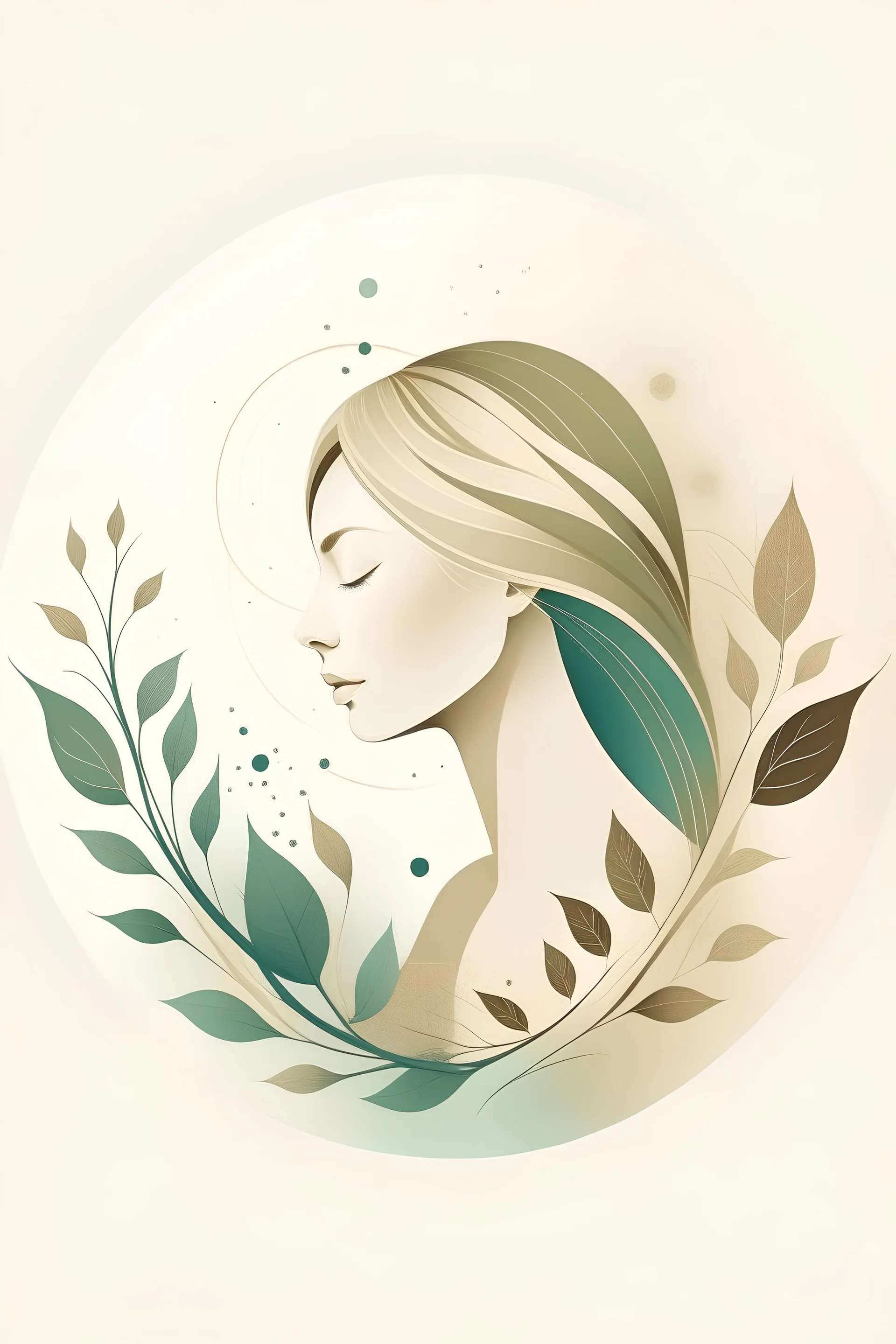 A logo combining a beautiful blonde woman and natural elements. Use soothing and earthy colors, such as soft browns, greens or calming blues, or warm beige or earthy tones. Create a minimalist icon that represents a person in a relaxed pose with a sense of tranquility and balance. Surround the figure with elements like leaves, water droplets, or a gentle swirl, which symbolize the healing properties and the natural connection of the wellness of massage therapy.