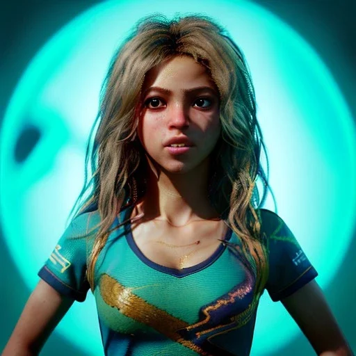 Shakira, artist, 30 years old, Realistic image, waist up portrait, kenzo style. loose long hair, eyes make up, perfect, glow, circle iris. concept art, smooth, unreal engine 5, god lights, ray tracing, RTX, lumen lighting, ultra detail, volumetric lighting, 3d, finely drawn, high definition, 4k.