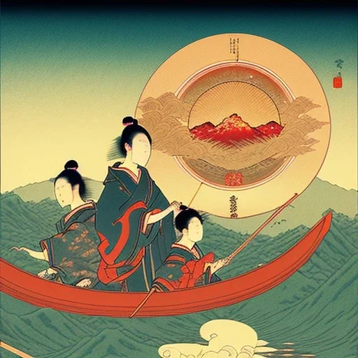 Ukiyo-e styled art, stream, mountain, sun, family on a boat