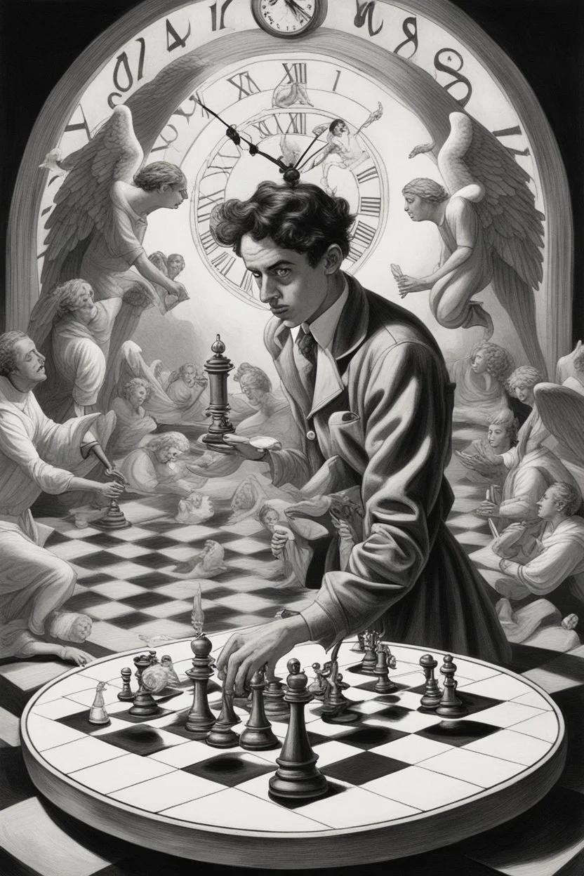 harlequin playing burning chess on racing field with a confused look on his face in front of a huge clock with angels guiding the pointers, in the style of Escher