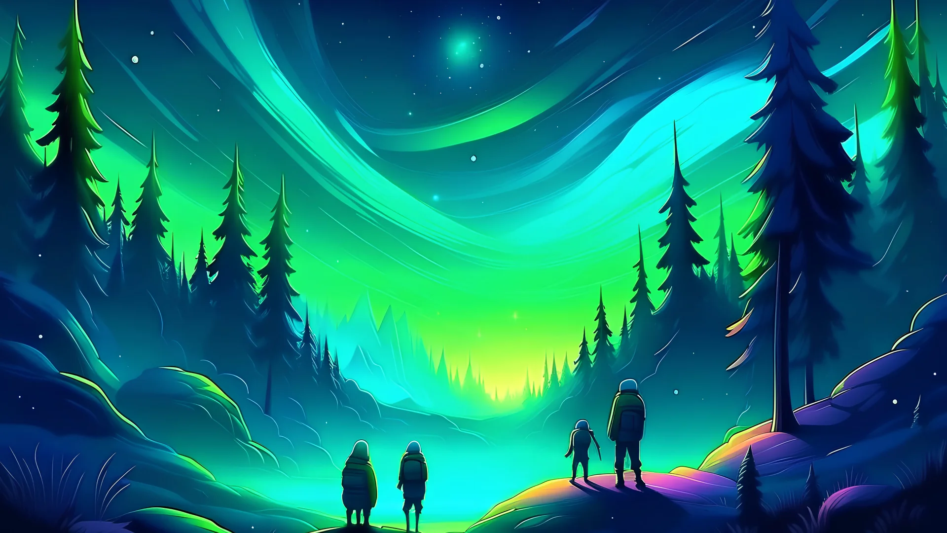 fantasy cartoon illustration: Norther lights