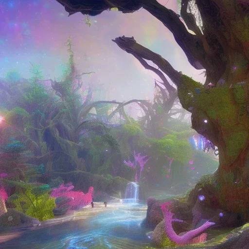  scifi landscape, bioluminsescent plants, 8k resolution, dynamic lighting, ultra hyperdetailed, waterfalls, ultra colourful flovers,, very small details, realistic.