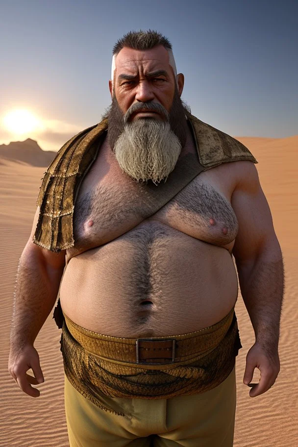 full figure shot photography of a turkish angry bearded ugly brawn 60-year-old rough big chubby burly scars bullneck turkish tourist guide wearing traditional pants, manly chest, with very bushy eyebrows , photorealistic, sunlight, ambient occlusion, strong side light , sitting in a camping tent in the desert