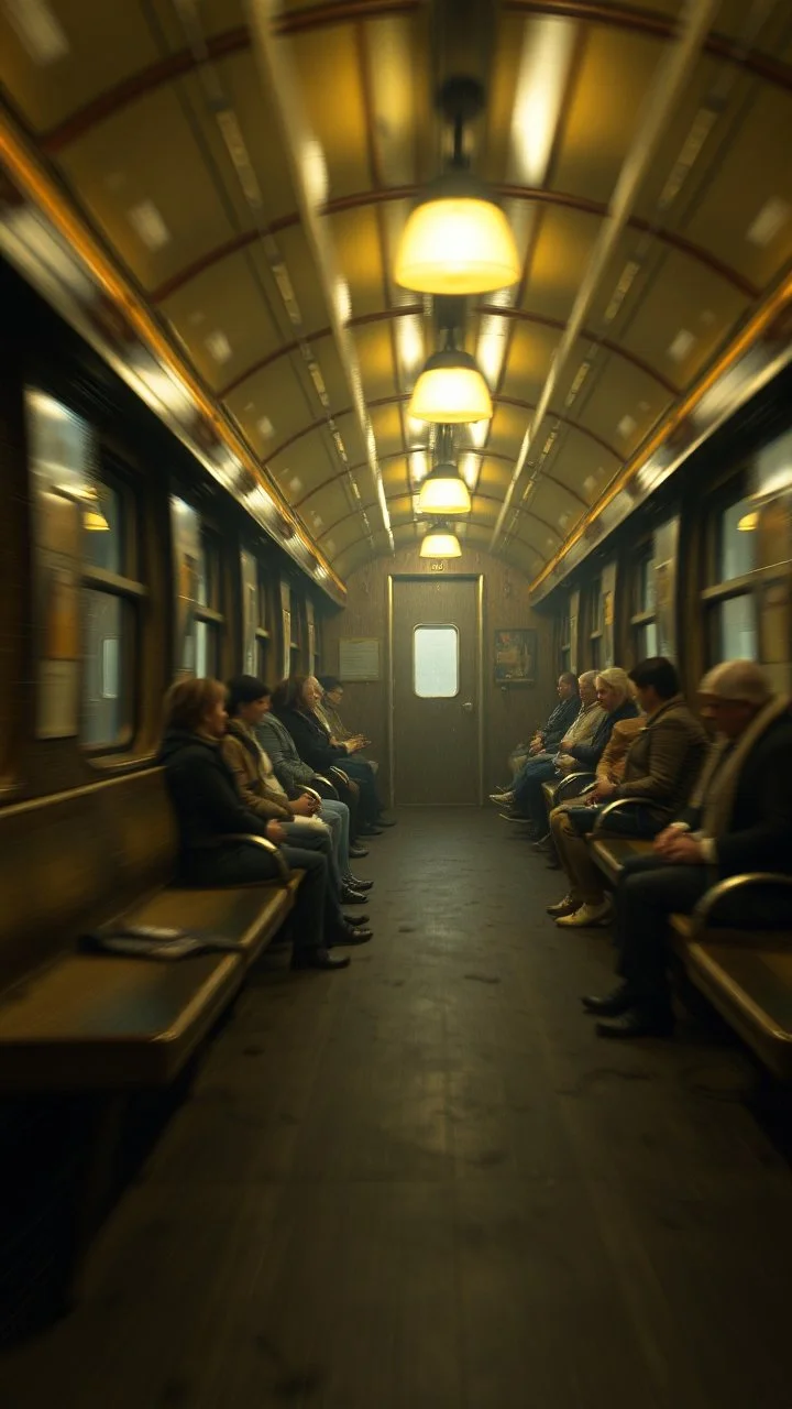 get inside the rabbit train in the style of Rembrandt and Fallout 4, with motion blur