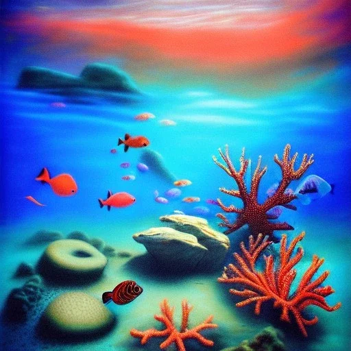 serene underwater scene, coral, fish, rocks, oil painting, by renoirm, pastel colors, masterpiece, intricate, cinematic lighting