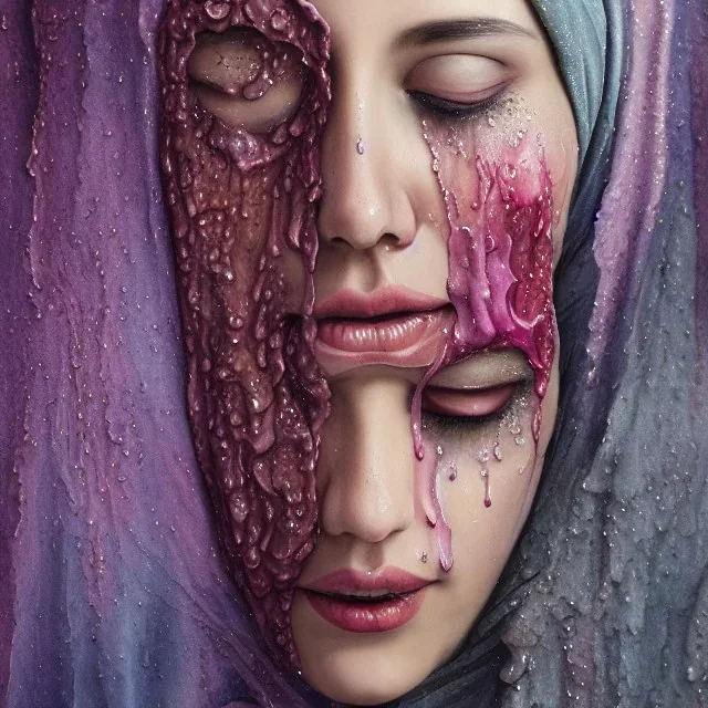 melting watercolor paint as woman's face, wearing hijab, dripping, melting face, fine detail, highly intricate, modern surrealism painting, fog, high-quality, volumetric lighting, 8k, ultrahd, George Grie, Ben Gossens, Marco Escobedo, Igor Morski,Brian Froud, Howard Lyon, Selina French,annie stokes