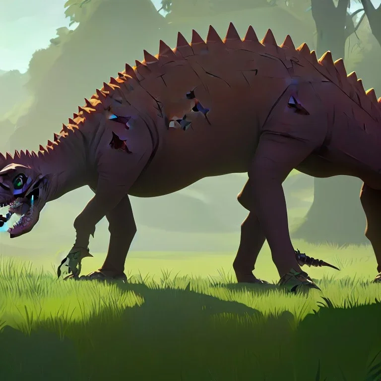 stegosaurus in the jungle eating grass showing mouth