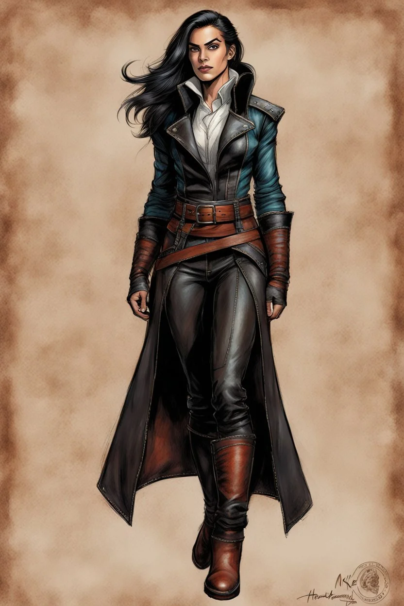 Create a sketchy colored chalk and charcoal portrait of an epic fantasy Lankhmar female thief character , slim in stature, with shoulder length hair, finely lined and detailed facial features, in an fur collared leather doublet and breeches , a short oriental cloth belt at the waist, stealthy soft leather slippers, , in the comic book style of Howard Chaykin, Mike Mignola, precisely drawn, colored and inked,