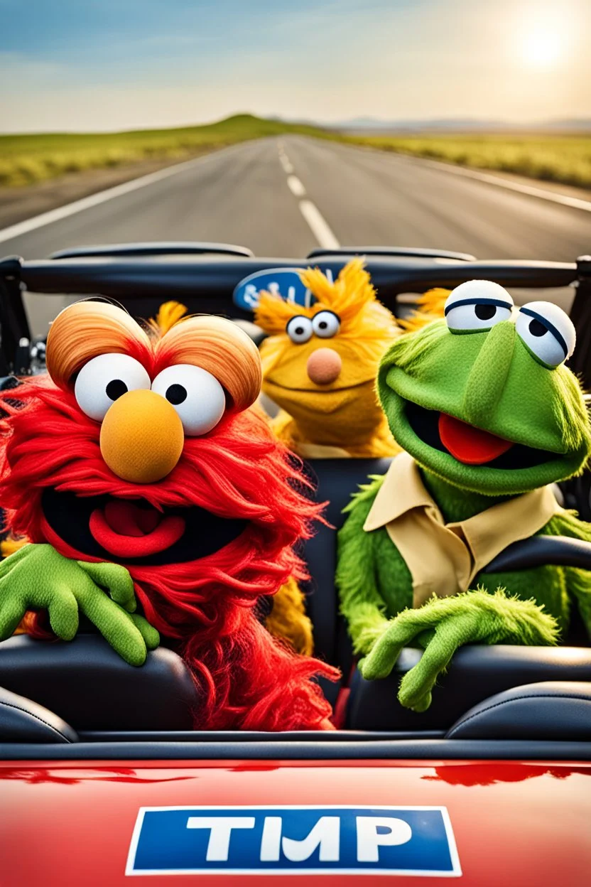 World Class Photograph of 3 Sesame Street muppets sitting in a convertible car and smiling on their road trip- one is Kermit the Frog, One is Cookie Monster, and one is Donald Trump muppet