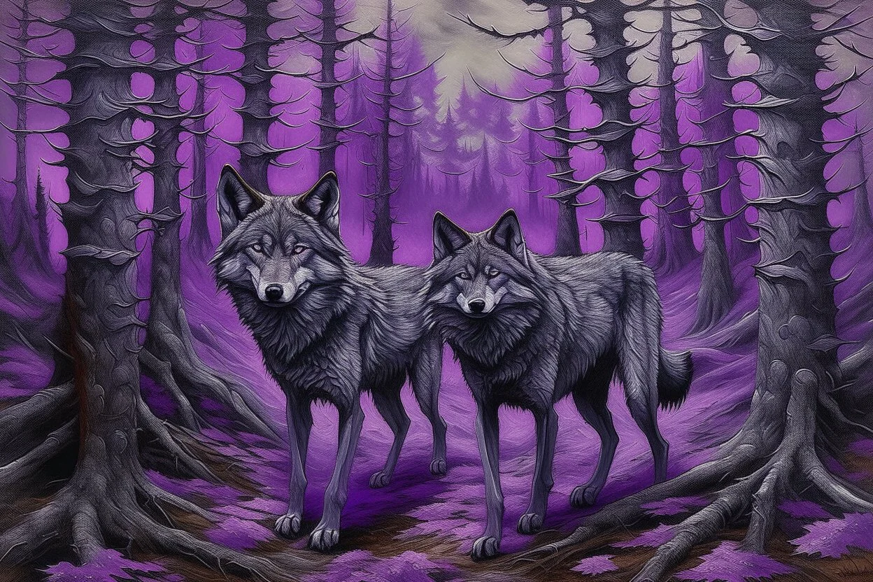 A purple forest with wolves painted by Cai Jia